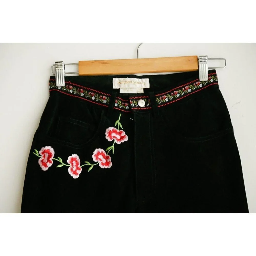 Vintage 90s Margaret Godfrey Black Suede Colourful Embroidered Straight Leg Pant